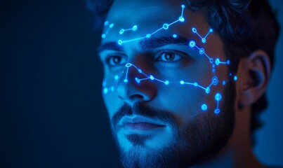Obraz premium Portrait of Man with Neon Network Nodes Highlighting Face Against Dark Blue Background, Artificial Intelligence and Technology Concept, Generative AI