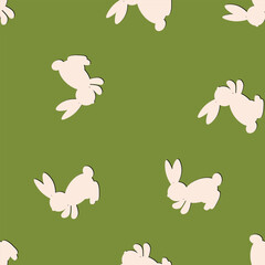 Seamless pattern with color silhouette Easter rabbits on blue background. Design for card, postcard, wallpaper, fabric, textile. Vector stock illustration. Cartoon style