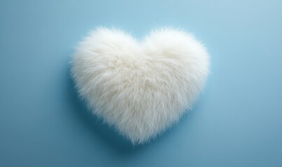 Fluffy White Fur Heart Shape on Baby Blue Minimal Background, Soft Texture, Love and Comfort Theme, Valentine's Day, Romantic Decor, Cozy Feel, Unique, Generative AI