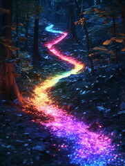 Obraz premium forest with rainbow-colored path glowing through trees 