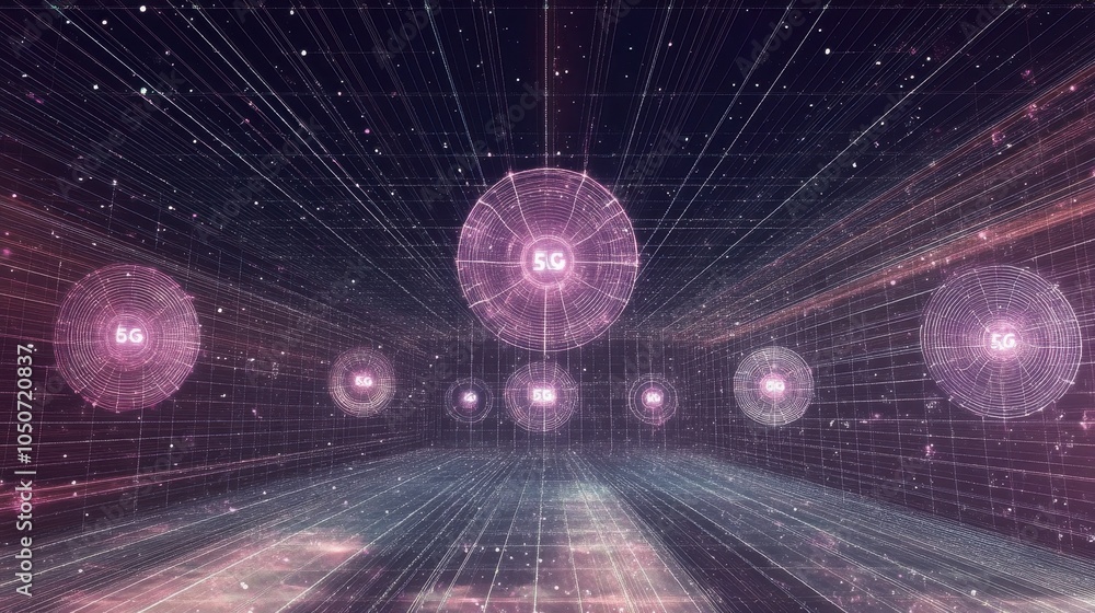 Poster an abstract digital background featuring 5g icons with glowing signal bars and interconnected nodes,