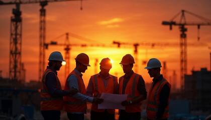Engineers review plans at sunset, silhouetted against a vibrant construction site.