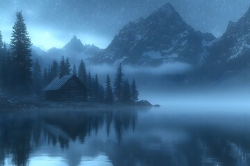 Fototapeta premium Serene cabin amidst misty mountain lake under starry night sky
