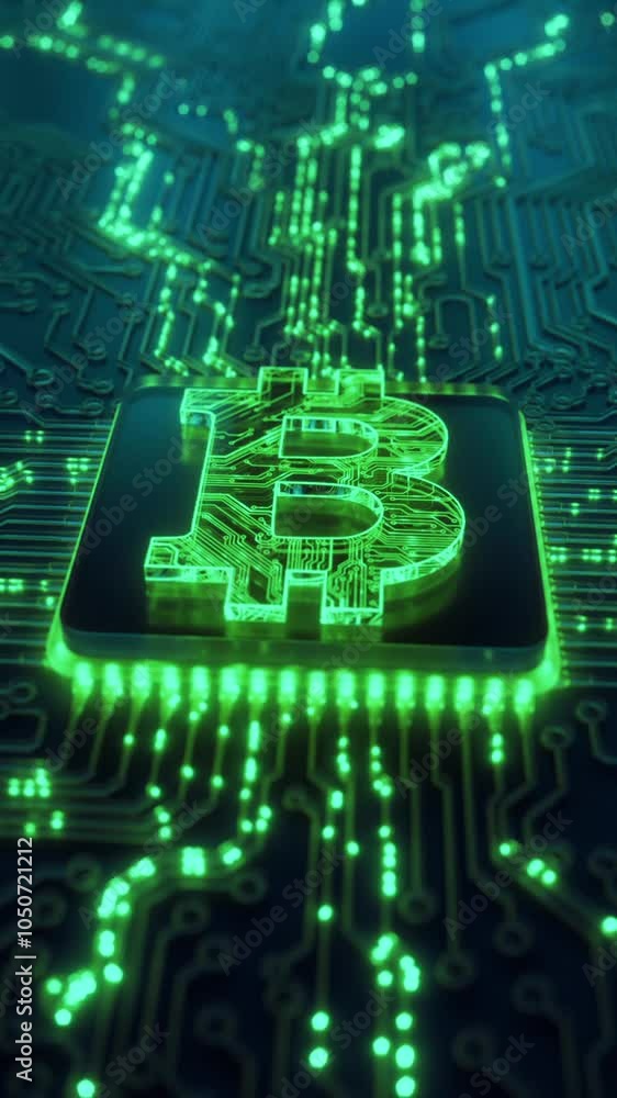 Poster bitcoin crypto currency digital technology on circuit board. abstract futuristic 3d render backgroun