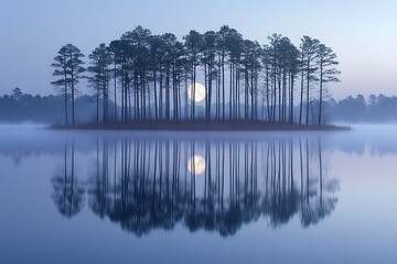 Obraz premium Serene full moon reflected over misty lake with pine tree island at dusk