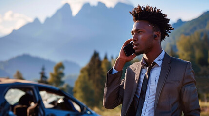 An African-American man in a suit stands next to a damaged car in a rural mountain area, talking on a smartphone with a serious expression.