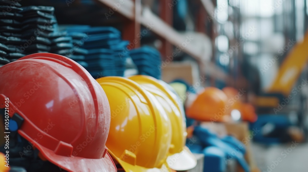 Poster safety first a colorful array of hard hats in industrial setting for construction and safety awarene
