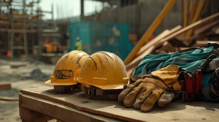 Safety gear on construction site helmets and gloves ready for work