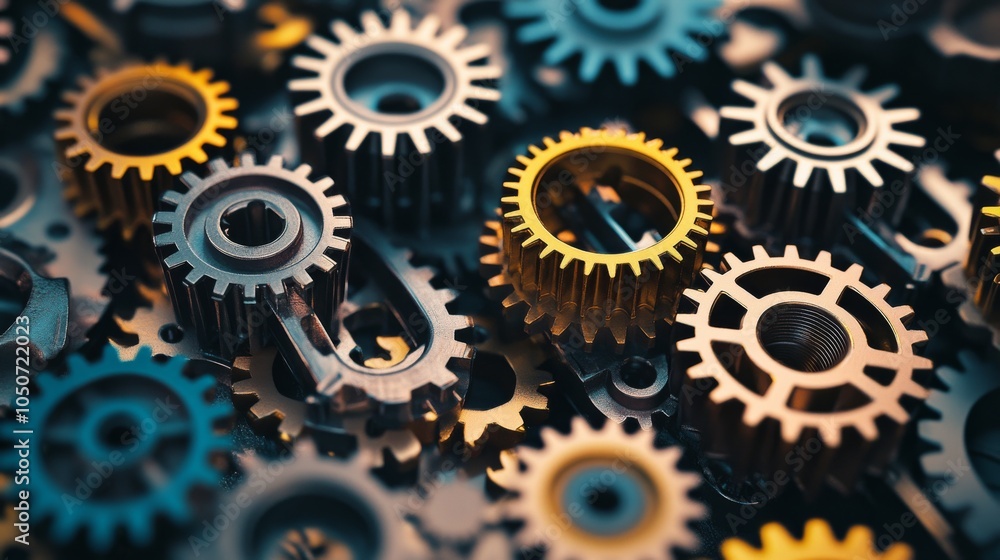 Poster A collection of gears in different colors and sizes working together smoothly, depicting the collaborative effort and efficiency of diverse teams, photography style