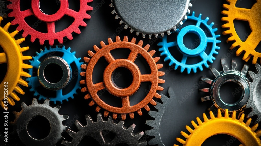 Poster a collection of gears in different colors and sizes working together smoothly, depicting the collabo