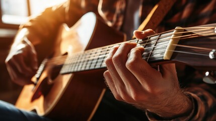 Obraz premium Close-Up of Musician Playing Acoustic Guitar with Warm Sunlight, Highlighting Hand Position and Guitar Strings in a Cozy Setting