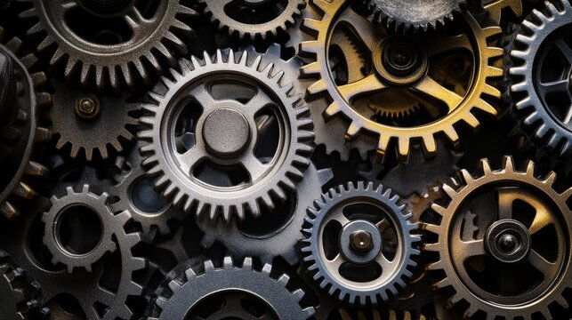 A collection of gears in different shapes and sizes working together harmoniously, Depicting the collaborative effort and efficiency of diverse teams, photography style