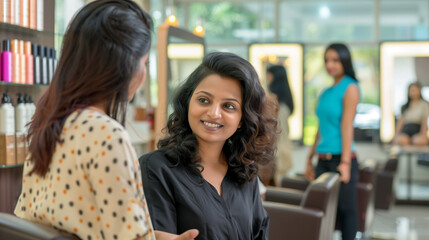 Fototapeta premium Indian woman consulting with a client about hairstyle options in a modern salon, creating a friendly and professional atmosphere.