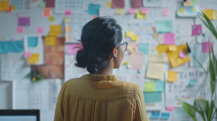 Indian woman planning a marketing campaign with sticky notes, writing down ideas in a colorful and creative workspace.