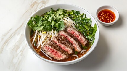 Beef pho with rich broth and rare steak slices, isolated on a white porcelain bowl, with a side of hoisin sauce and sriracha