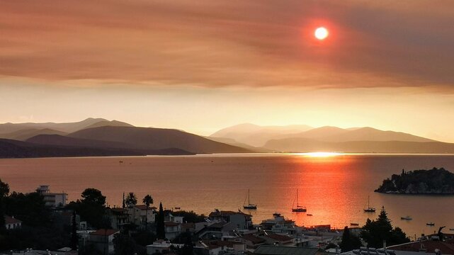 Tolo, Greece. Sunrise and beautyful view from hotel room.