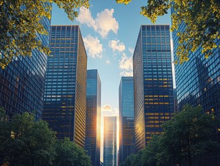 Obraz premium Vibrant urban landscape, ants-eye perspective, bustling city square, modern office towers, sharp lines, dynamic atmosphere, intricate details