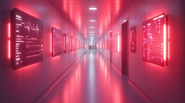 healthcare technology integration, a modern hospital hallway with illuminated screens showing medical alerts and digital health data