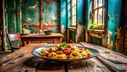 Fototapeta premium Urban Exploration: Tortellini with Sauce in an Abandoned Restaurant Setting