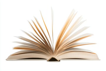 Fototapeta premium An open book showing pages slightly curled, isolated on white to emphasize its texture and inviting nature