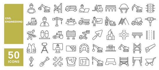 Set of 50 line icons related to civil engineering, building, concrete, engineer, contractor, machinery, structure, project, crane, Editable stroke. Vector illustration