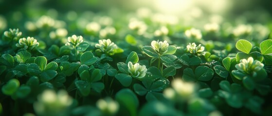 Obraz premium Clover Field from Ant's Perspective, vibrant green foliage, delicate white flowers, immersive ground-level view, nature's intricate beauty