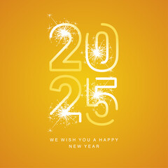 Fototapeta premium Happy New Year 2025 neon led light yellow line art design shape of 2025 year logo with sparkle firework on orange yellow background. Moving lights on numbers, social media template for 2025
