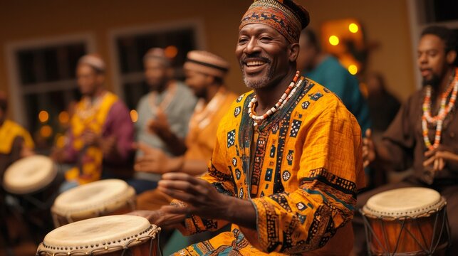 cultural festivities, kwanzaa event at a community center featuring african drum dancing, colorful attire, and cultural showcases creating a joyful vibe