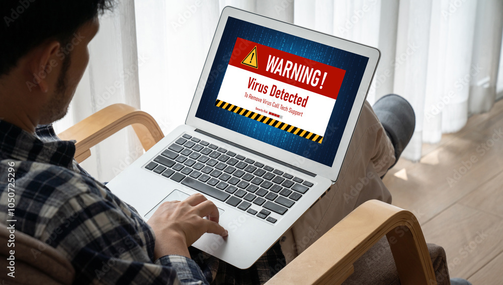 Poster virus warning alert on computer screen detected modish cyber threat , hacker, computer virus and mal