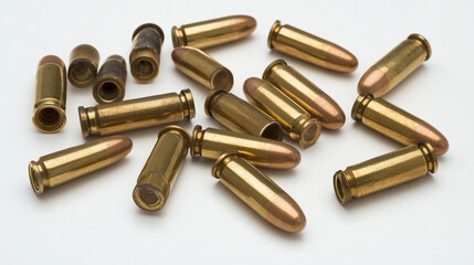Scattered Brass Bullet Casings on White Background   Ammunition  Gun  Firearms  Shooting