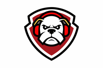 Bulldogs head headphone with  mascot vector logo design vector illustration with shield on white