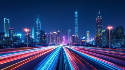 Obraz premium Digital Data Highway with Glowing Code Lines