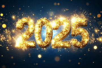 The glowing digits of 2025 radiate joy and anticipation, surrounded by festive sparks and a deep blue glow