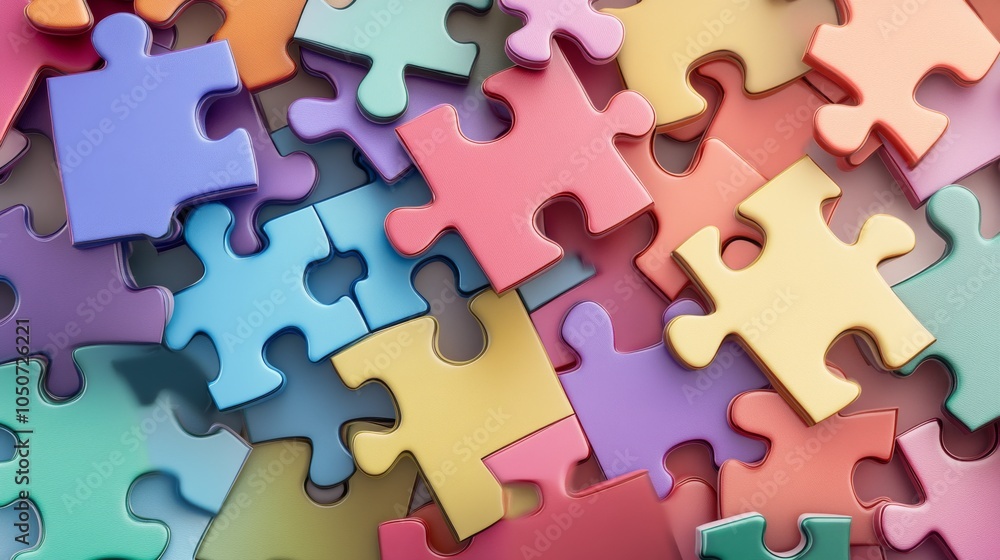 Poster A collection of puzzle pieces in various colors and sizes fitting together seamlessly, Symbolizing the unity and harmony achieved through diversity, photography style