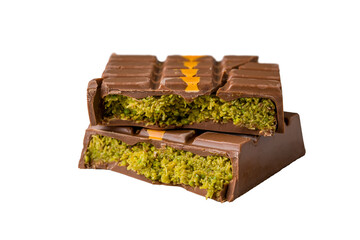 Dubai Chocolate bar with green kadayif and peanut butter on white background