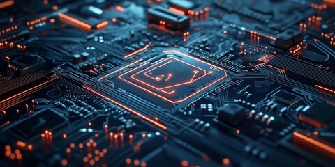 Obraz premium A futuristic image of a circuit board with shield symbols, representing the idea of protecting data and online privacy. It highlights the importance of modern security technology.