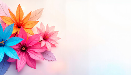 Obraz premium Vibrant colorful paper flowers on a soft pastel background with ample copy space copy space