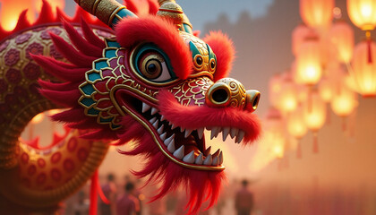 Fototapeta premium Colorful dragon puppet performing at Lunar New Year celebration amidst glowing lanterns