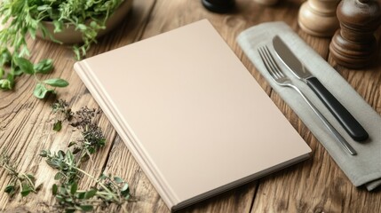 A simplistic menu book rests on a natural wood table, surrounded by greenery and dining utensils