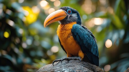 Fototapeta premium A colorful toucan with a large, orange beak perched on a rock in a tropical rainforest.