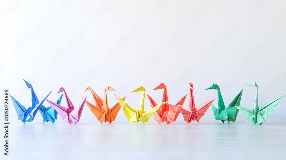 Aufkleber A colorful array of origami cranes in various patterns and colors perched on a minimalist white table, Symbolizing the delicate and intricate beauty of diverse contributions coming together