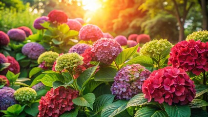 Vibrant Summer Garden with Hydrangea Macrophylla Schloss Wackerbarth in Tricolor Blooms