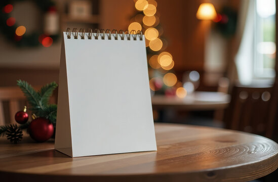 Blank menu or card on wooden table with christmas decor and glowing lights. Restaurant or cafe