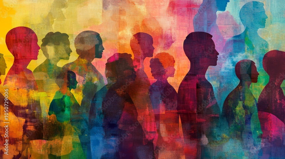 Poster a colorful mosaic of diverse human silhouettes blending into a vibrant abstract background, represen