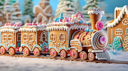 Obraz premium Christmas Gingerbread Train Adorned with Festive Decorations, Journeying Through a Magical Winter Landscape