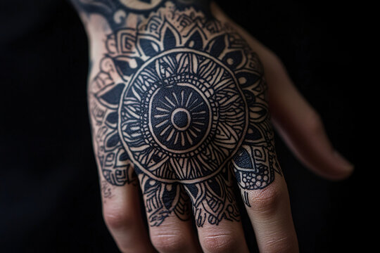 A mandala tattoo on the back of a hand featuring detailed geometric and floral patterns in black ink symbolizing spirituality and artistry
