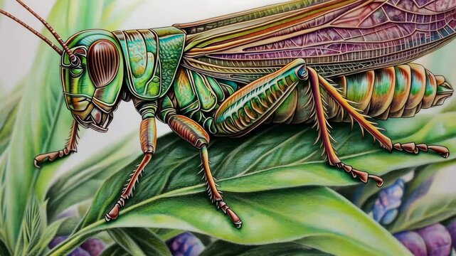 A detailed pencil drawing of a grasshopper perched on a leaf