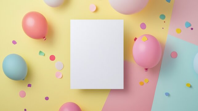 Bright and playful birthday invitation design featuring balloons and cheerful confetti