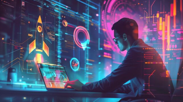 A startup programmer writes code on a laptop, collaborating on software development to launch the next big idea.