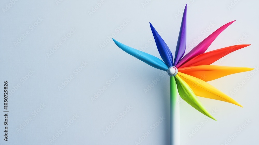 Poster a colorful windmill on a plain white background representing renewable energy and sustainability, em